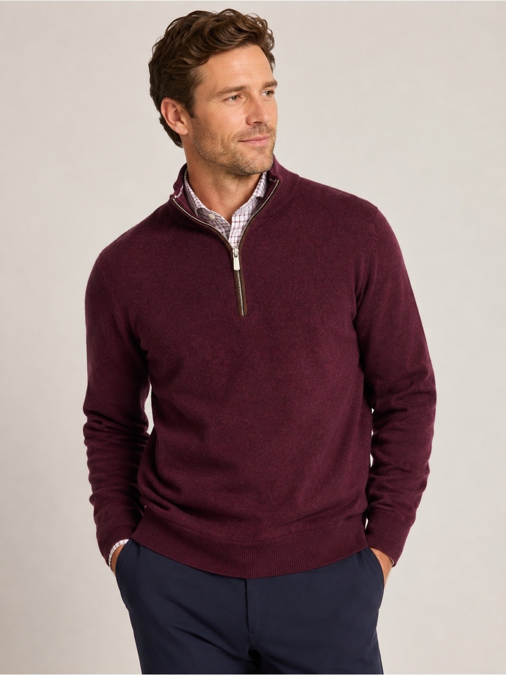 Peter Millar Merino Wool Quarter Zip Sweater Burgundy Wine Large